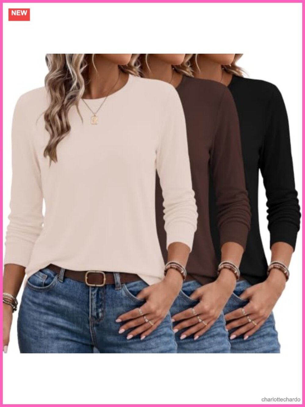 Women's Long Sleeve T-Shirt 3 Pack Top Soft Stretch